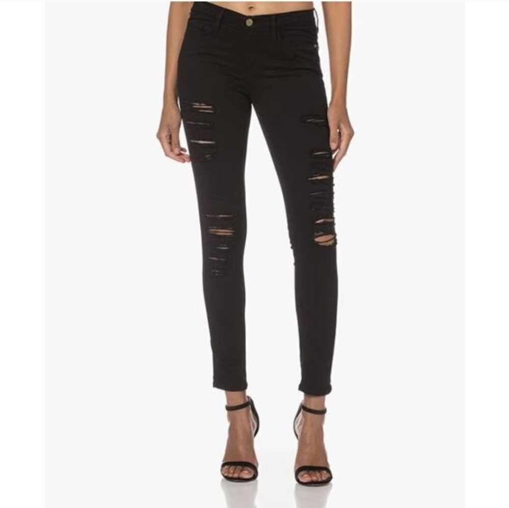 FRAME Jeans Le Skinny RippedDistressed Black Film Noir DenimStretch Slim 24